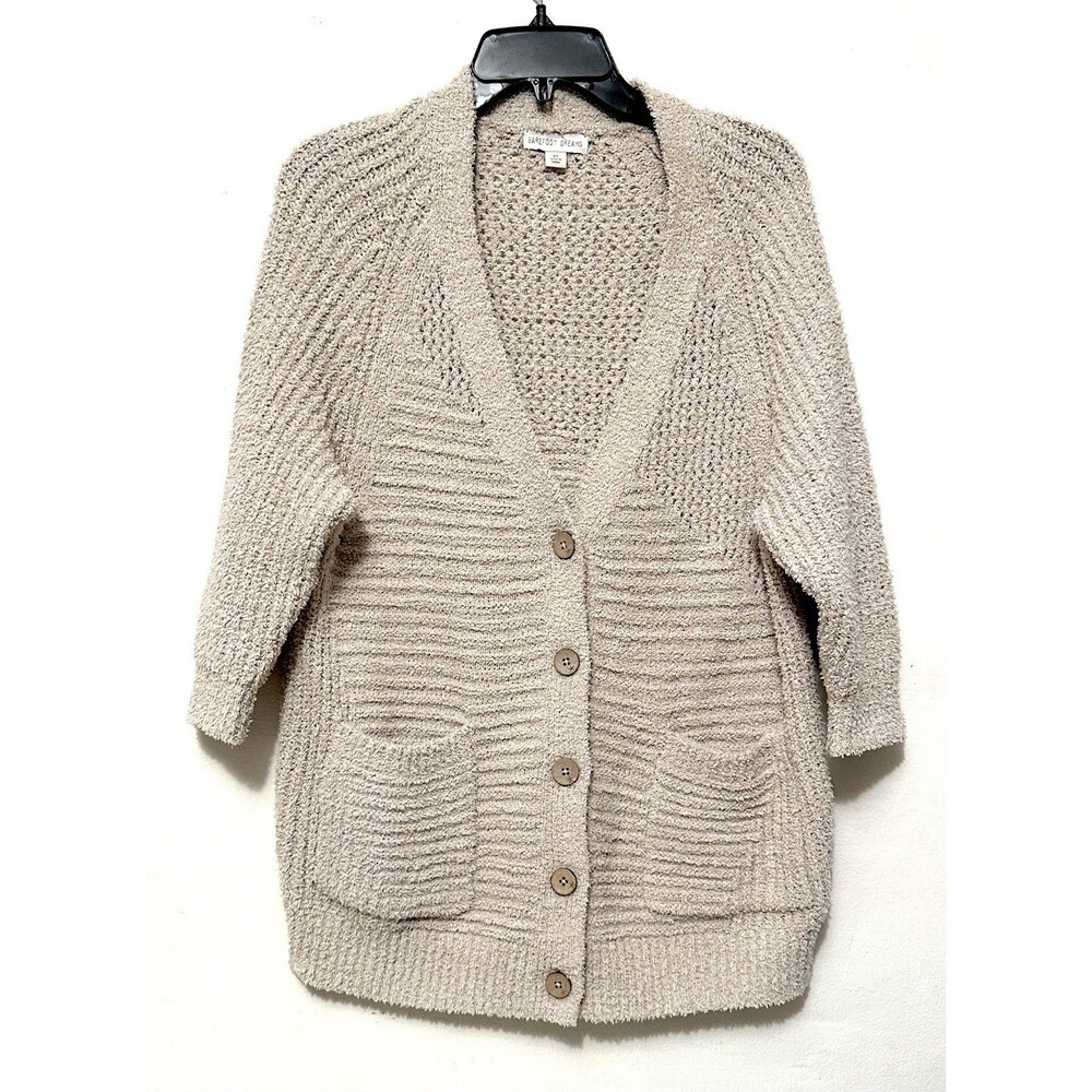Barefoot Dreams Cozy Twist Raglan Cardigan Sweater Stone Dark Beige 3 Quarter XS